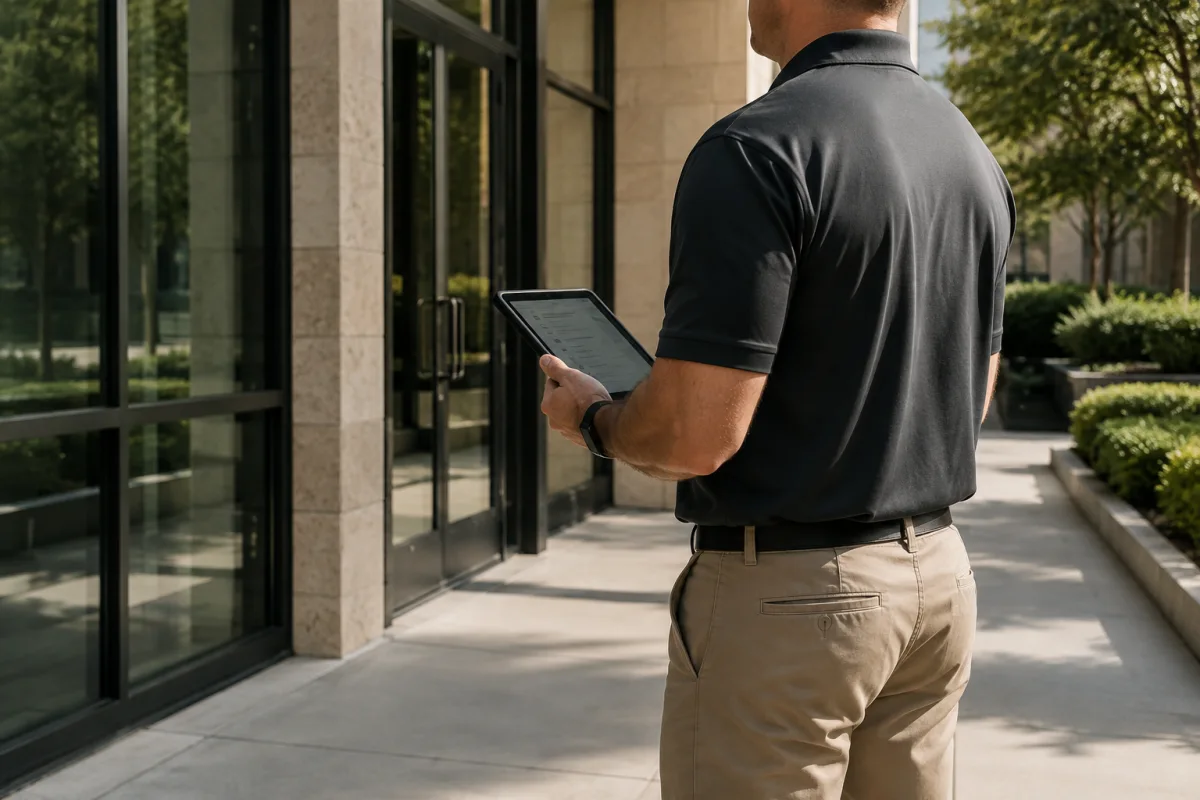 Generated scene of a maintenance walkthrough outside a building